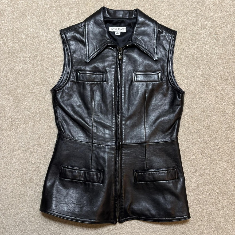 Vtg Bebe Leather Vest Womens 6 Black Zip Front Collared Moto Biker Made USA 80s